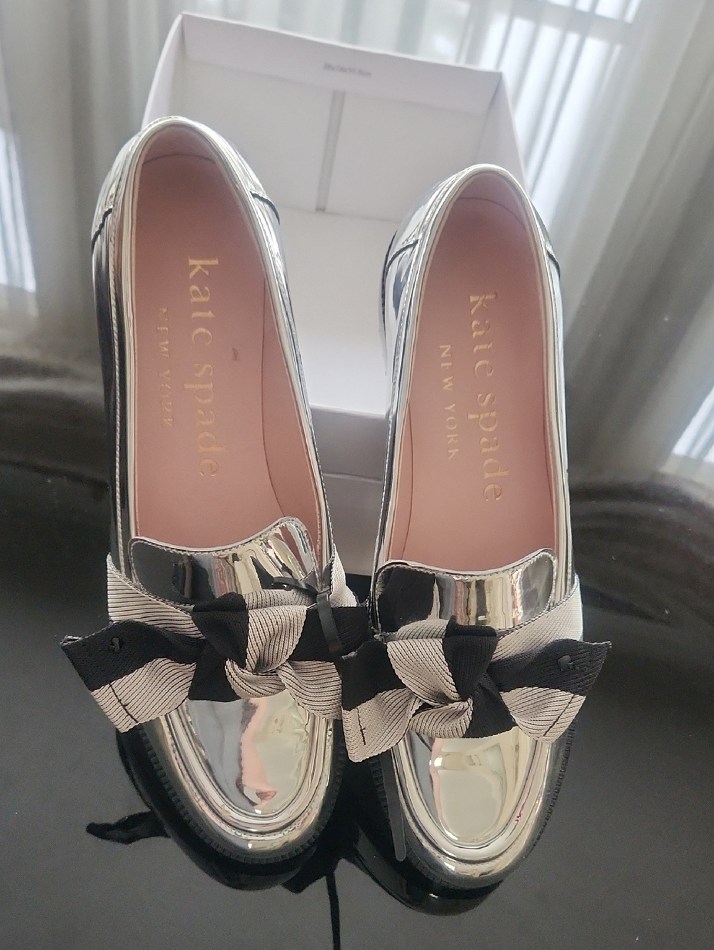 KATE SPADE SILVER FOIL MIRRORED Loafers Designer Shoes.  NEW!!